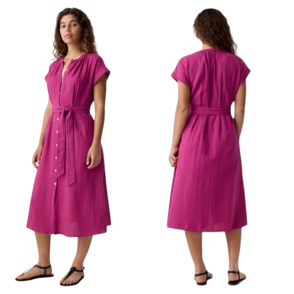 GAP 100% Cotton Gauze Midi Shirt Dress Button Front Cap Sleeves with Pockets XL